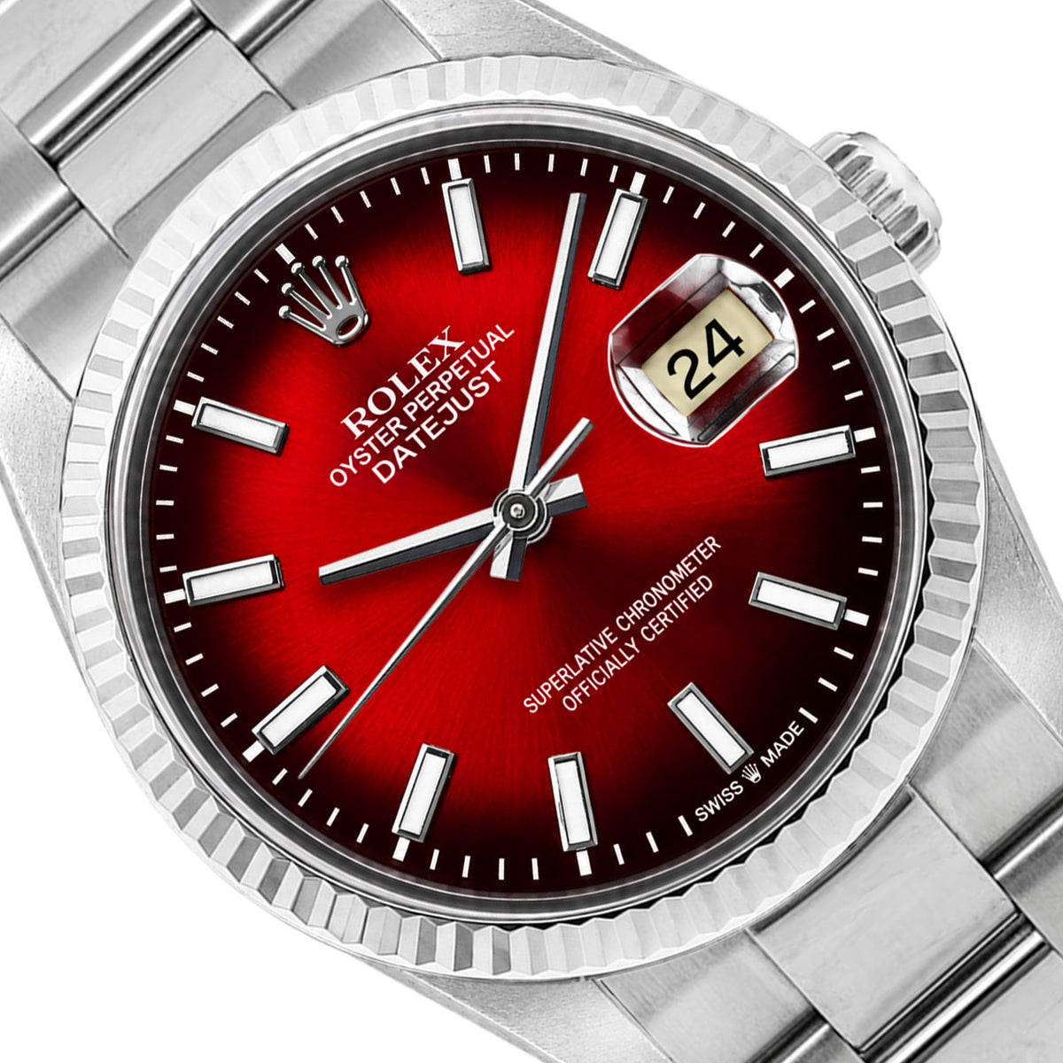 36mm Rolex Datejust 16014 18k White Gold Bezel Ombre Red Dial Oyster Band Watch