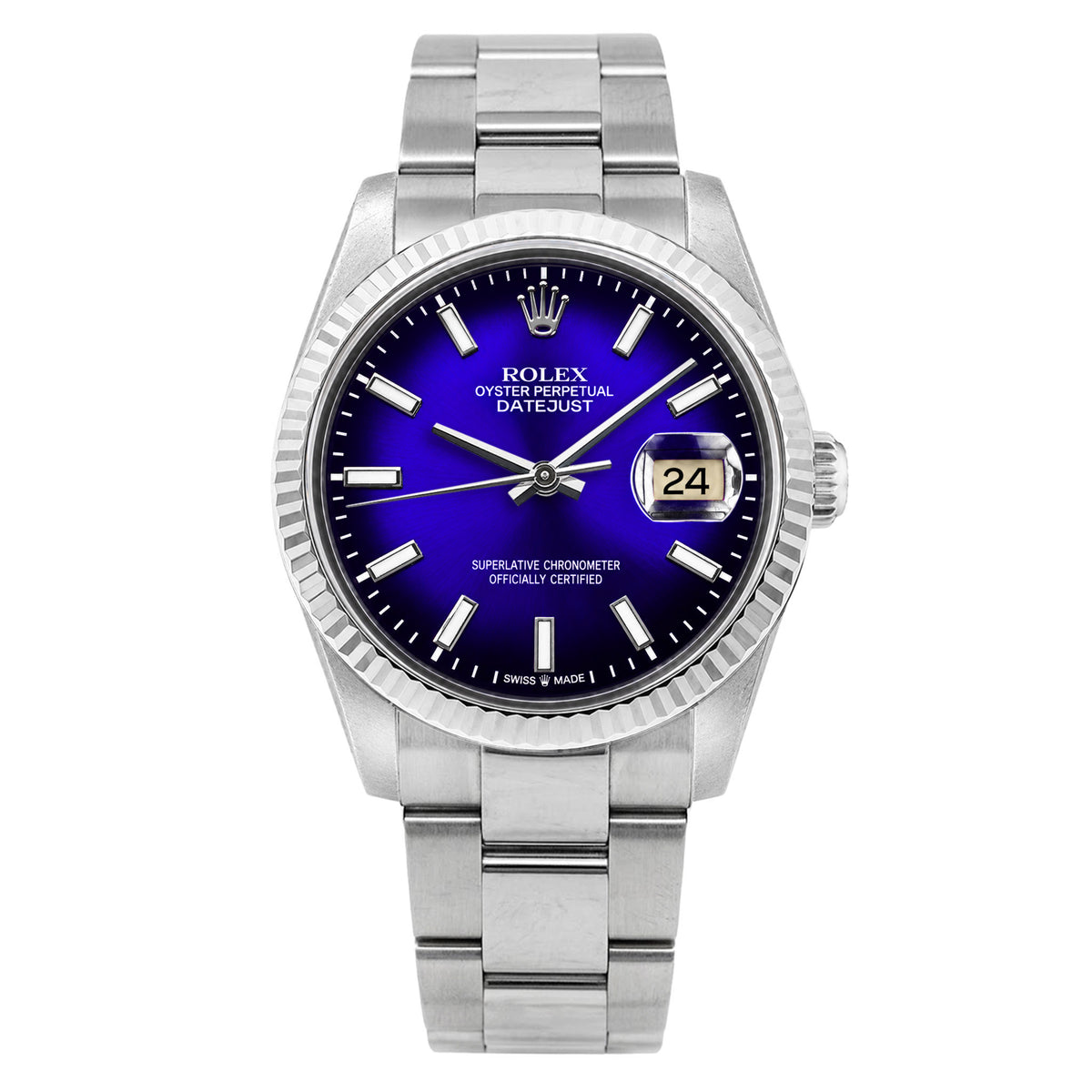 36mm Rolex Datejust 16014 18k White Gold Bezel Blue Ombre Dial Oyster Watch