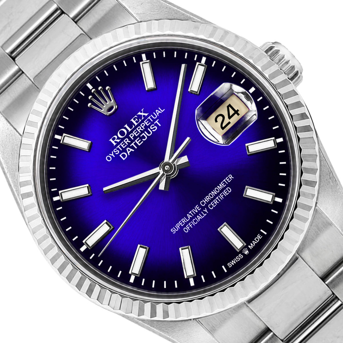 36mm Rolex Datejust 16014 18k White Gold Bezel Blue Ombre Dial Oyster Watch