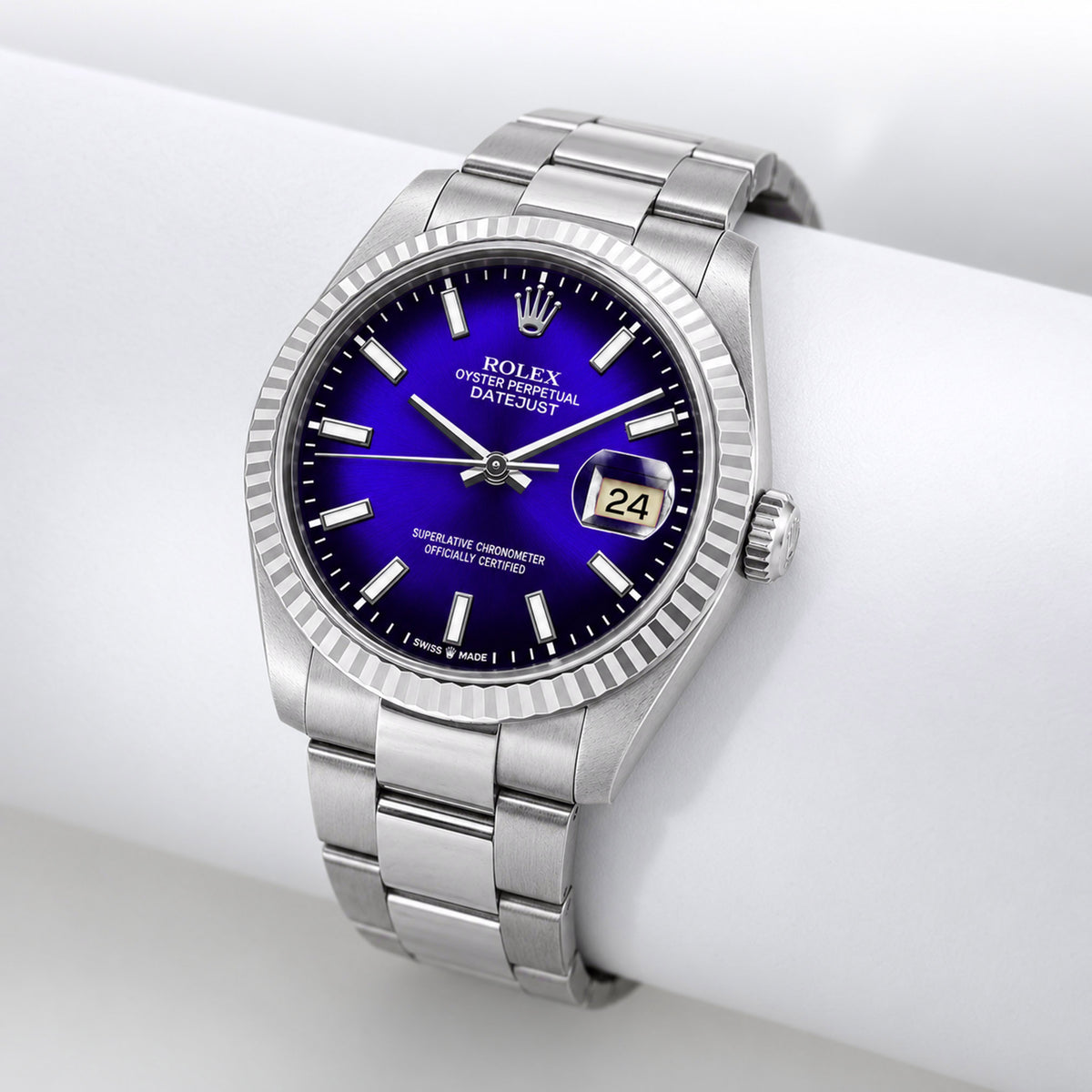36mm Rolex Datejust 16014 18k White Gold Bezel Blue Ombre Dial Oyster Watch