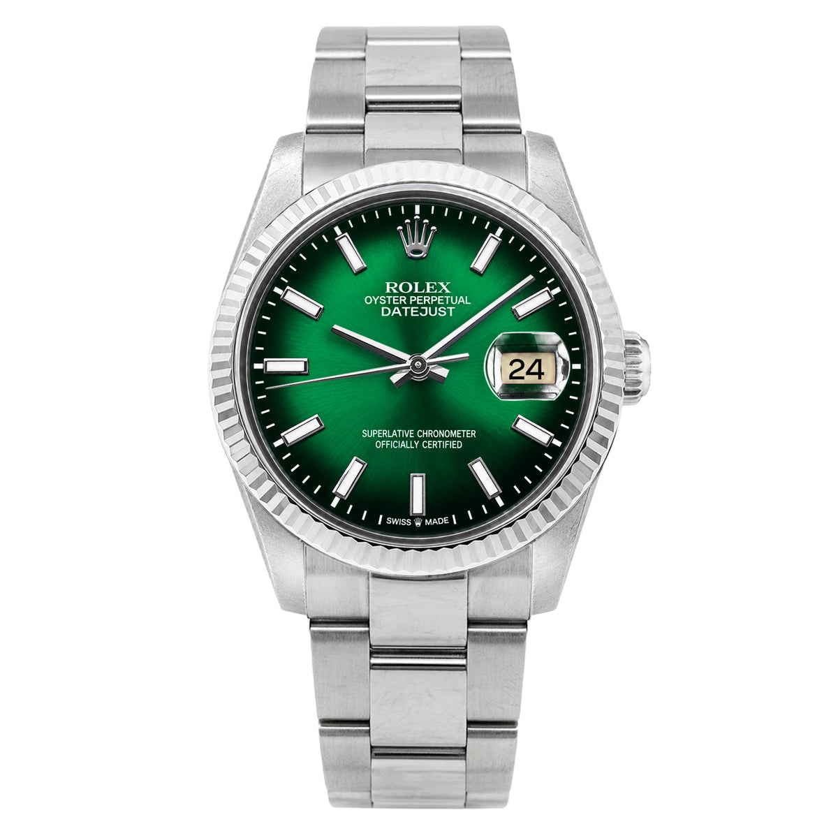 36mm Rolex Datejust 16014 18k White Gold Bezel Green Ombre Dial Oyster Watch