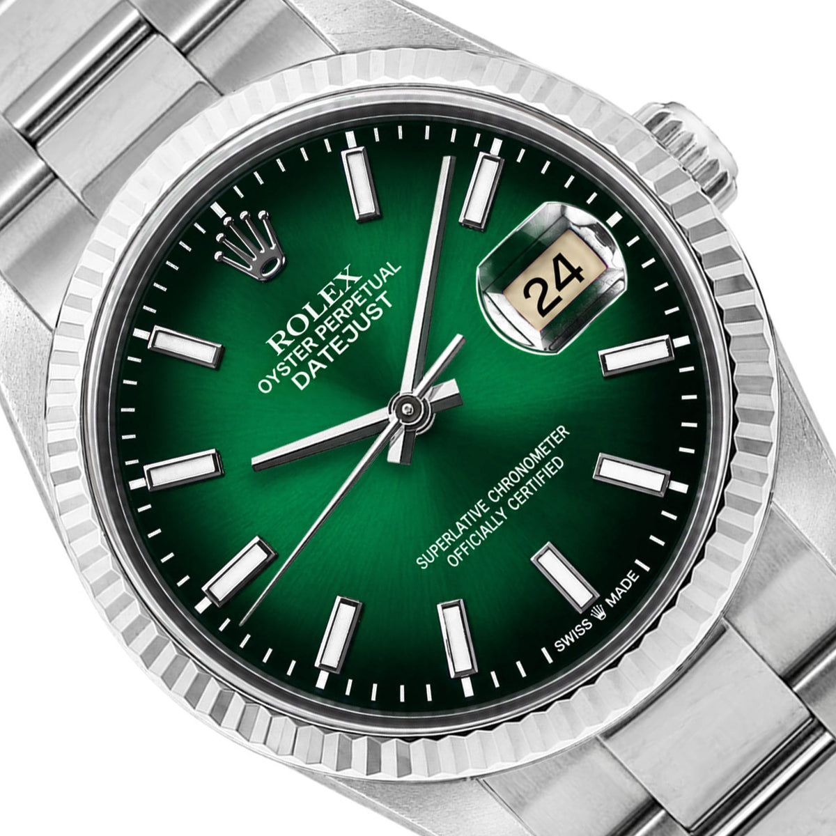 36mm Rolex Datejust 16014 18k White Gold Bezel Green Ombre Dial Oyster Watch