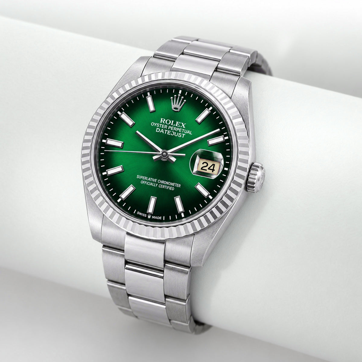 36mm Rolex Datejust 16014 18k White Gold Bezel Green Ombre Dial Oyster Watch