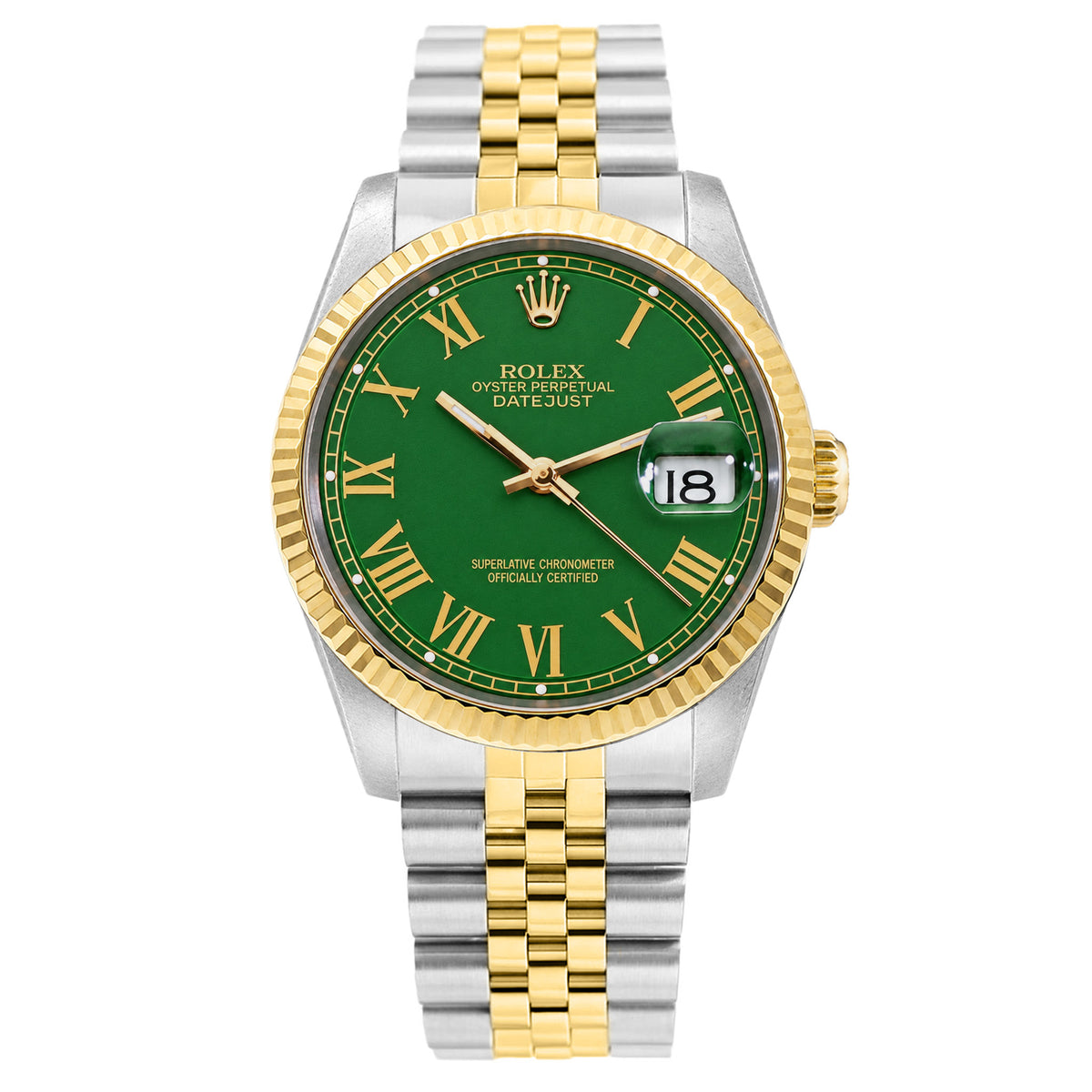 36mm Rolex Datejust 1601 18k Gold Fluted Bezel Matte Green Dial Jubilee Watch