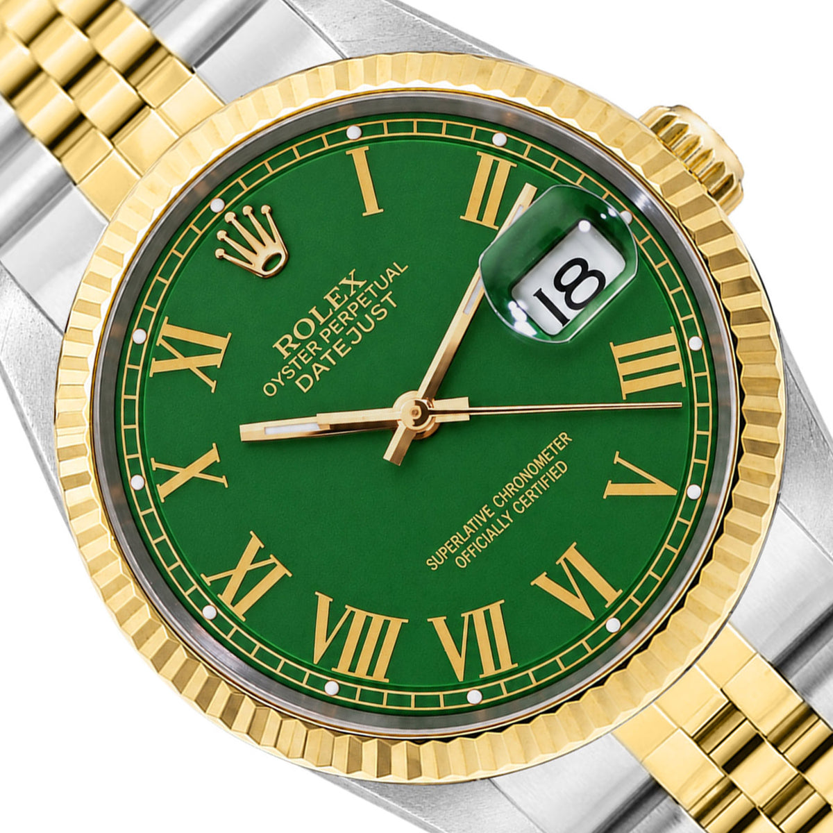 36mm Rolex Datejust 1601 18k Gold Fluted Bezel Matte Green Dial Jubilee Watch