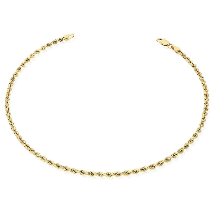 10K Yellow Gold 1.9mm-2.8mm Diamond-Cut Rope Anklet (Hollow) 10"