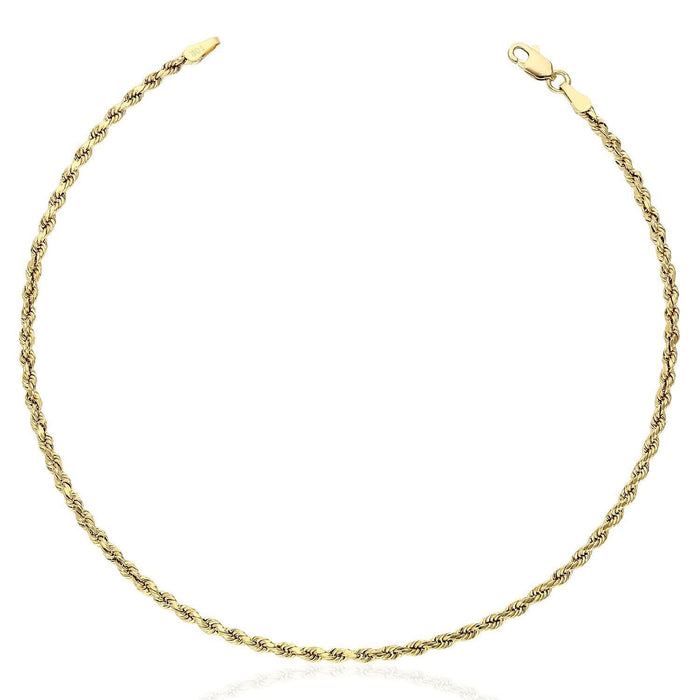 10K Yellow Gold 1.9mm-2.8mm Diamond-Cut Rope Anklet (Hollow) 10"