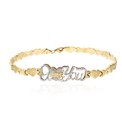 10K Two-Tone Gold Heart & Kisses "I Love You" XO Ankle Bracelet (Hollow) 10"