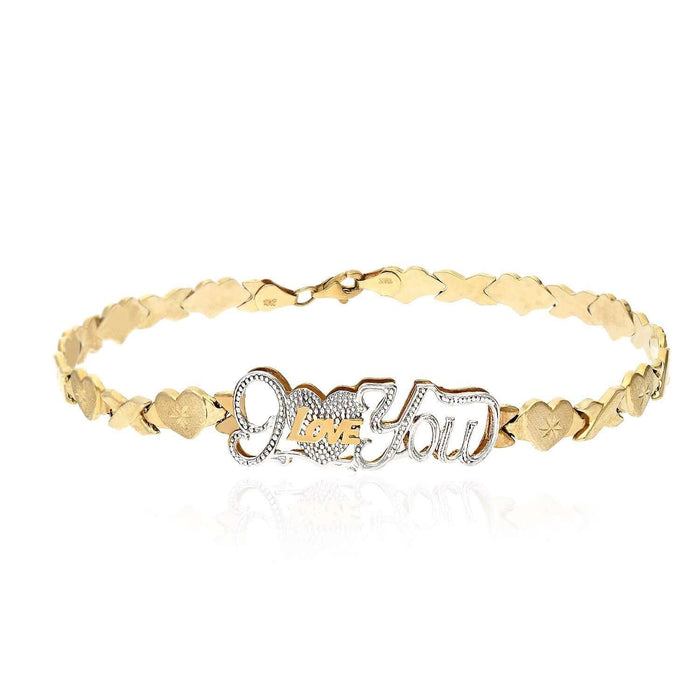 10K Two-Tone Gold Heart & Kisses "I Love You" XO Ankle Bracelet (Hollow) 10"