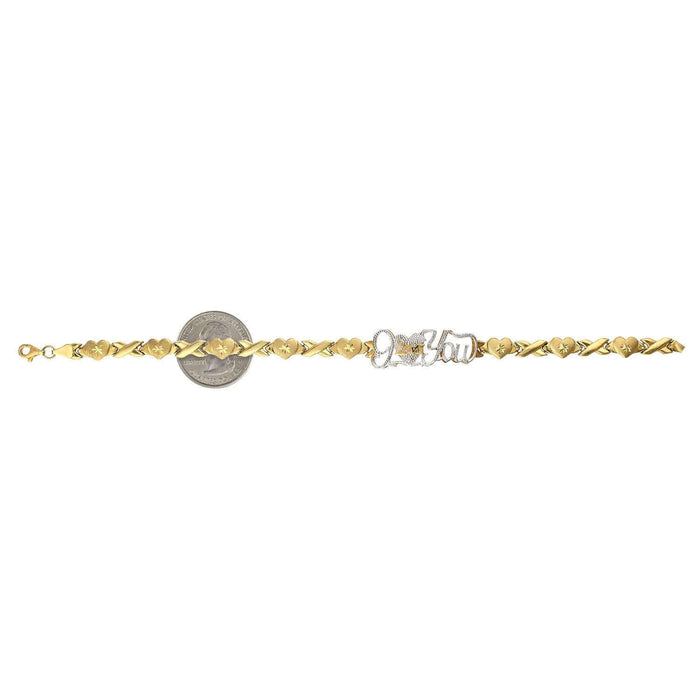10K Two-Tone Gold Heart & Kisses "I Love You" XO Ankle Bracelet (Hollow) 10"