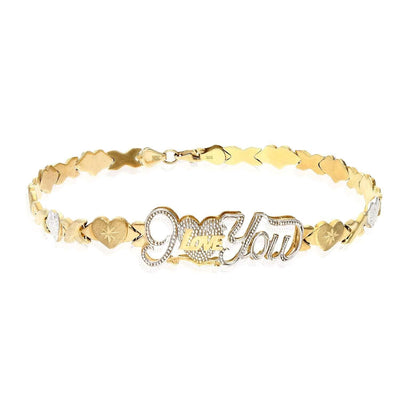 10K Two-Tone Gold Heart & Kisses "I Love You" XO Ankle Bracelet (Hollow) 10"