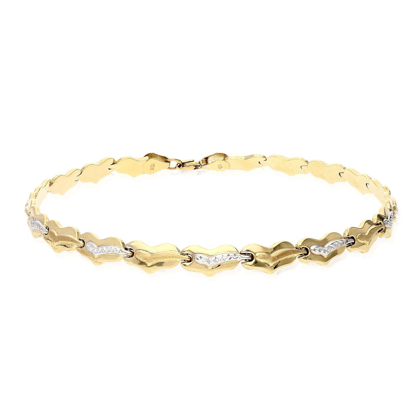 10K Gold Two-Tone Diamond Cut Fancy Heart Stampato Anklet Bracelet 10"