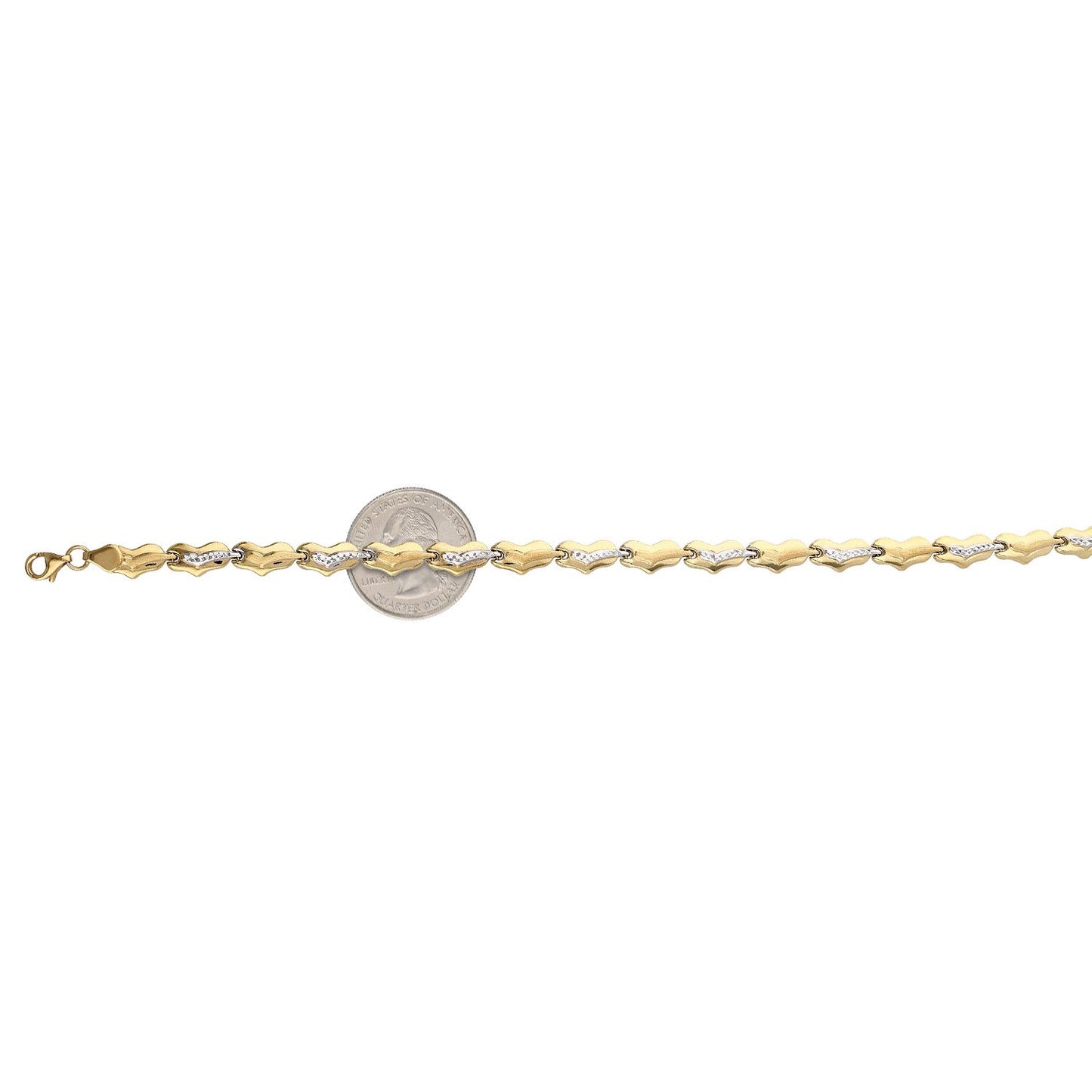 10K Gold Two-Tone Diamond Cut Fancy Heart Stampato Anklet Bracelet 10"