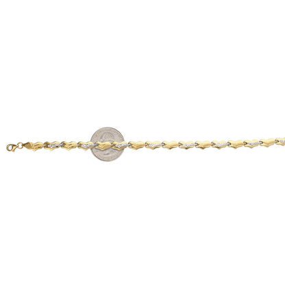 10K Gold Two-Tone Diamond Cut Fancy Heart Stampato Anklet Bracelet 10"