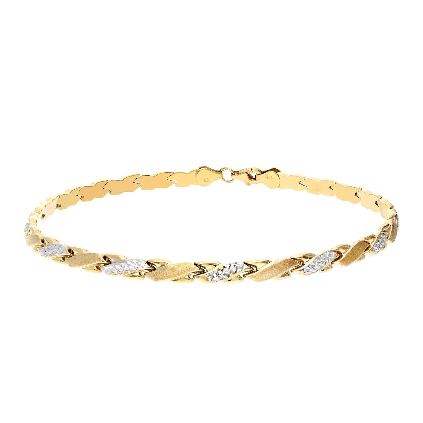 10K Two-Tone Gold 4.5mm Hollow Fancy Stampato "X"  Ankle Bracelet 10"