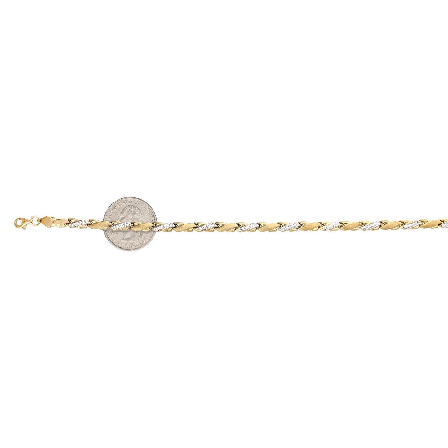 10K Two-Tone Gold 4.5mm Hollow Fancy Stampato "X"  Ankle Bracelet 10"