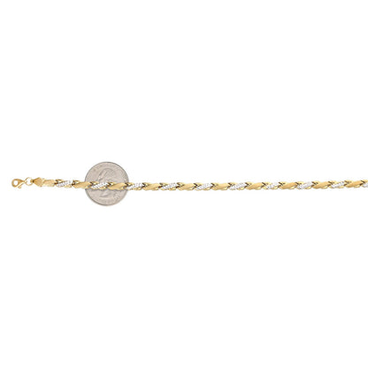 10K Two-Tone Gold 4.5mm Hollow Fancy Stampato "X"  Ankle Bracelet 10"
