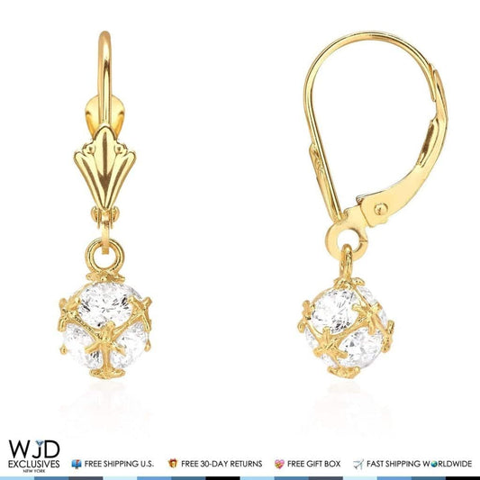 14K Yellow Gold 1.45Ct Simulated Round Diamond Dangle Leverback Earrings