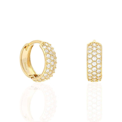 14K Yellow Gold Prong Set Three Rows CZ Huggie Hoop Earrings 15mm