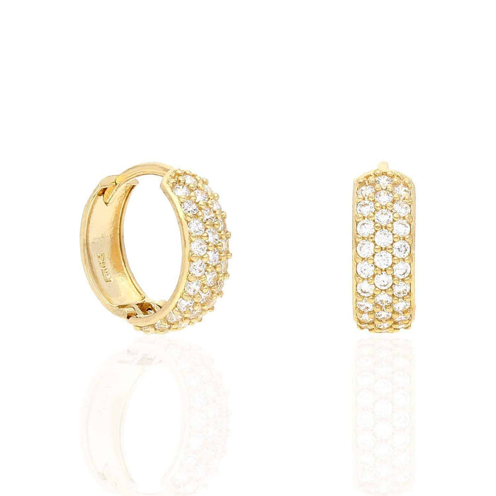 14K Yellow Gold Prong Set Three Rows CZ Huggie Hoop Earrings 15mm