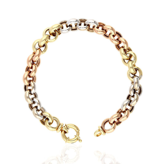 14K Gold Tri-Color Yellow White Rose Oversized Clasp Rolo Bracelet 7.5"