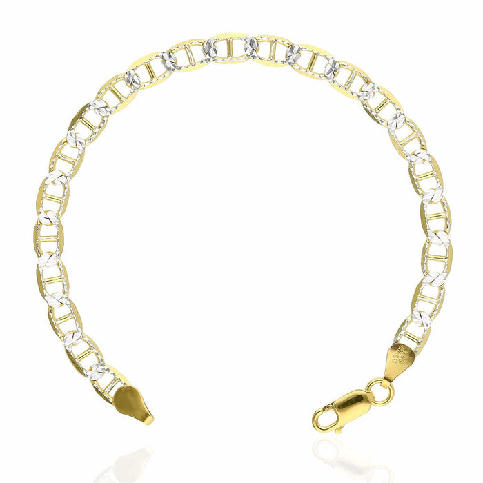 14K Yellow Gold Over Silver 5.2mm Diamond-Cut Pave Mariner Anchor Bracelet (Solid Links) 7"-9"