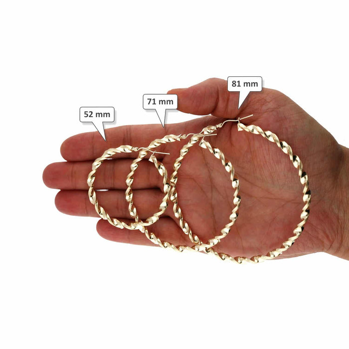 10K Yellow Gold Twisted Tube 4.5mm Diamond-Cut Textured Hoop Earrings 52mm-81mm