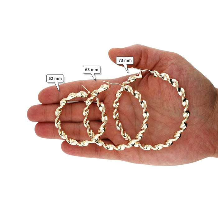 10K Yellow Gold Twisted Tube 6mm Diamond-Cut Textured Hoop Earrings 52mm-73mm