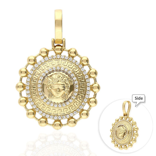 14K Yellow Gold 1.25Ct CZ Medusa Head Beaded Medallion Pendant