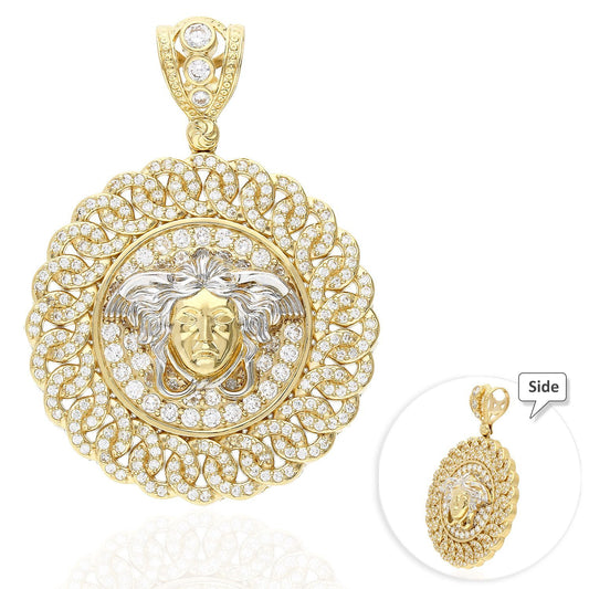 7Ct CZ 10K Gold 2-Tone Fancy Design Medusa Head Medallion Pendant