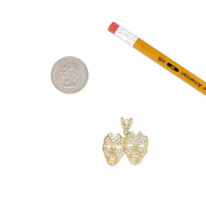 10K Yellow Gold CZ Tragedy Comedy Drama Mask Laugh Now Cry Later Pendant 1.1"