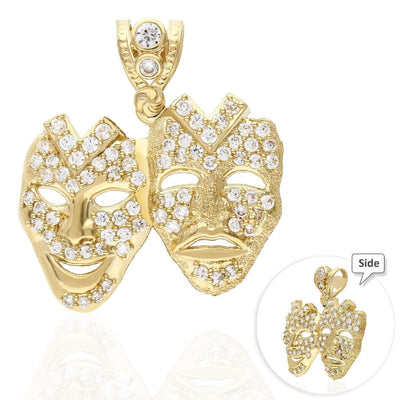 10K Yellow Gold CZ Tragedy Comedy Drama Mask Laugh Now Cry Later Pendant 1.1"