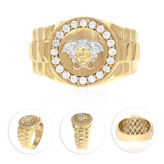 14K Gold Yellow CZ Medusa Head Jubilee Signet Mens Ring