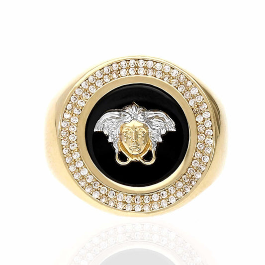 14K Yellow Gold Black Onyx 1Ct CZ Medusa Head Signet Ring Sz 8-12