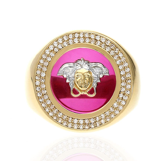 14K Gold Yellow Red Rhinestone CZ Medusa Head Signet Ring Sz 8-12