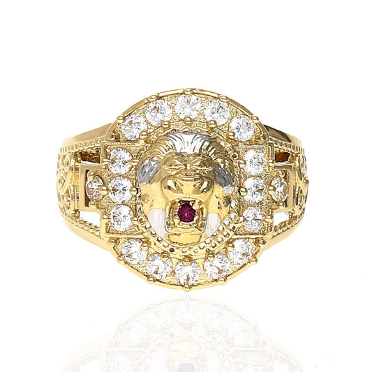 14K Gold Yellow CZ and Ruby Lion Face Signet Ring
