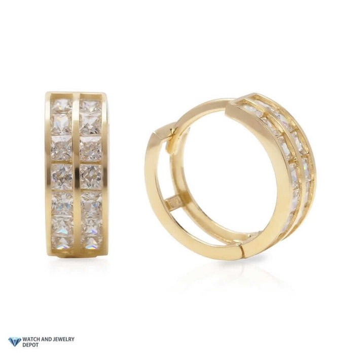 1.4Ct CZ 14K Yellow Gold 2-Row 0.5" Channel Huggie Hoop Earrings