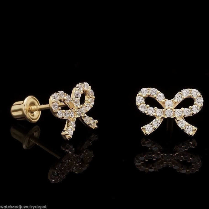 0.25Ct Round CZ 14K Yellow Gold Bow Tie Stud Earrings Screw Back