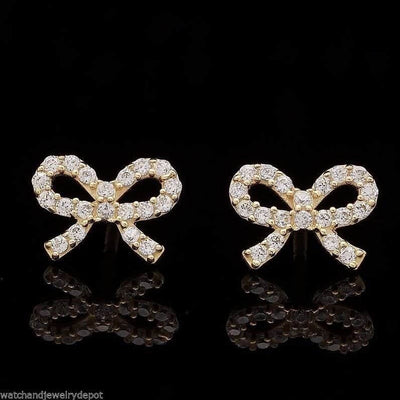 0.25Ct Round CZ 14K Yellow Gold Bow Tie Stud Earrings Screw Back