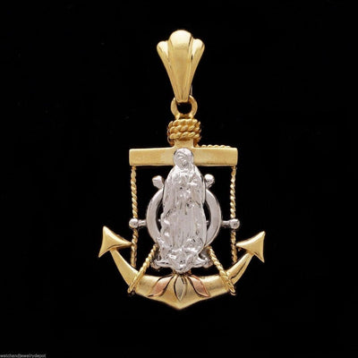 14K Gold Tri-Tone Virgin Mary Cross Anchor Mariner Ship Helm Wheel Pendant