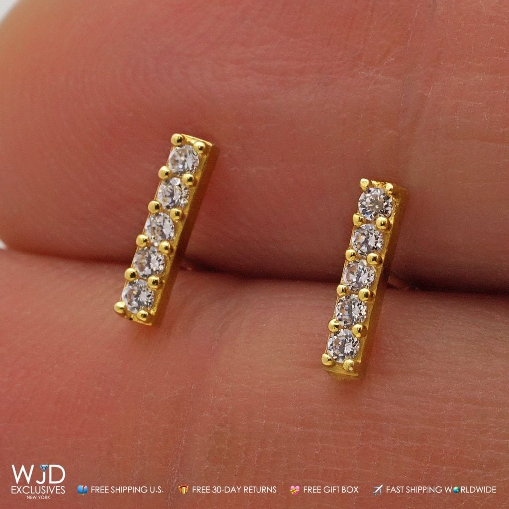 0.30Ct CZ 14K Yellow Gold Small Stick Bar Stud Earrings 8mm