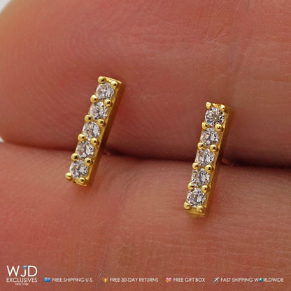 0.30Ct CZ 14K Yellow Gold Small Stick Bar Stud Earrings 8mm