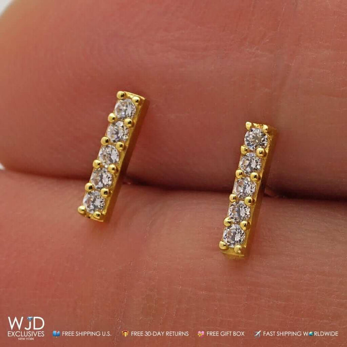 0.30Ct CZ 14K Yellow Gold Small Stick Bar Stud Earrings 8mm