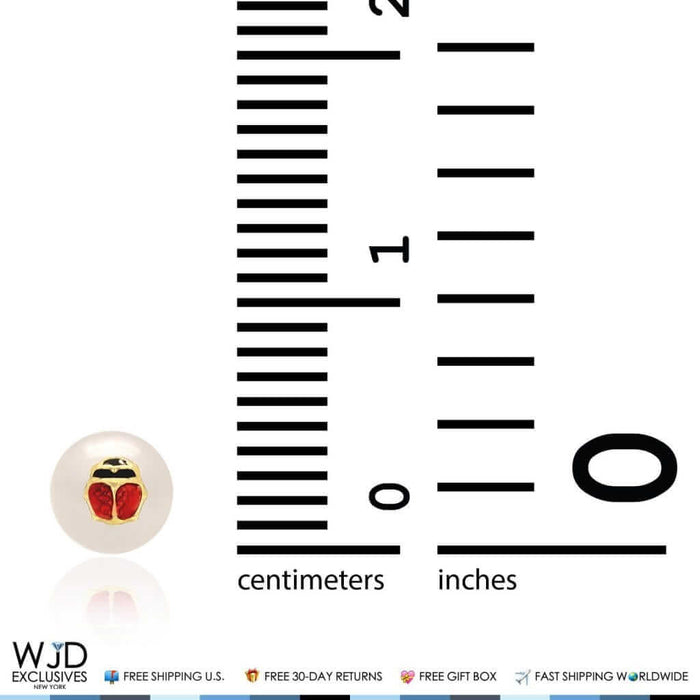 14K Real Yellow Gold Enamel Ladybug Pearl Baby Screw-back Stud Kids Earrings