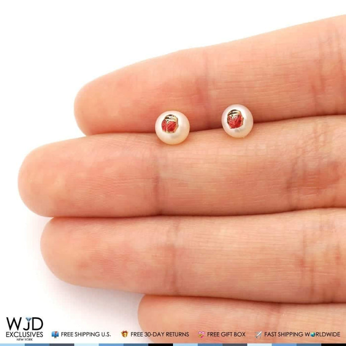 14K Real Yellow Gold Enamel Ladybug Pearl Baby Screw-back Stud Kids Earrings