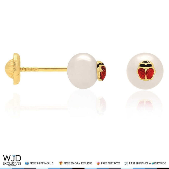 14K Real Yellow Gold Enamel Ladybug Pearl Baby Screw-back Stud Kids Earrings