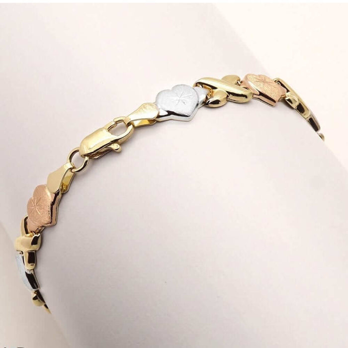 10K Tri-Color Yellow White Rose Gold 8mm Hearts Kisses XO Bracelet (Hollow) 7.25"-8"