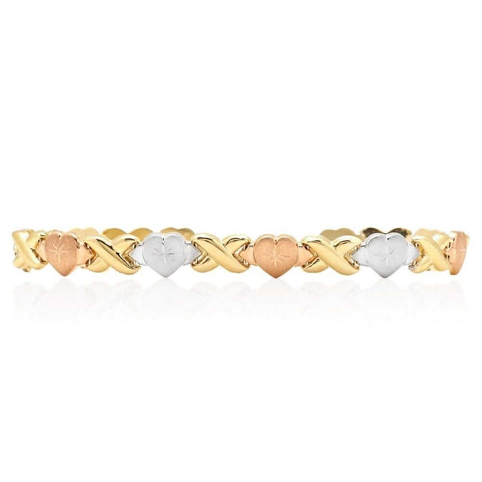 14K Gold Tri-Color Hearts & Kisses XO Bracelet (Hollow) 7.25"