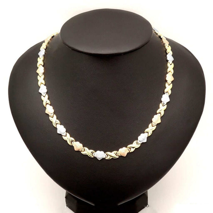 10K Tri-Color Gold Hearts, Hugs & Kisses XO Necklace (Hollow) 17.5"