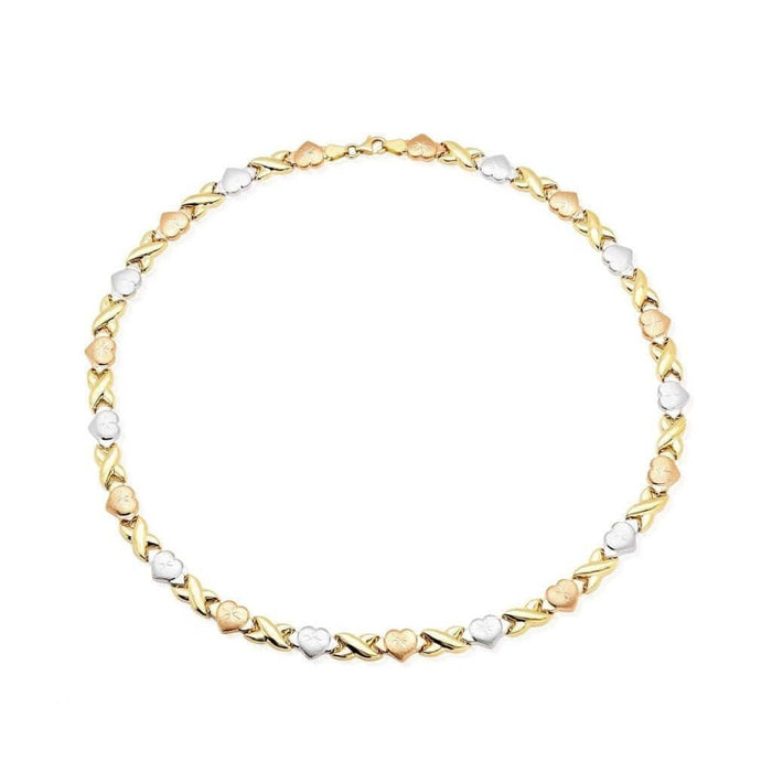 14K Gold Tri-Tone Hearts, Hugs & Kisses XO Necklace (Hollow) 17.5"